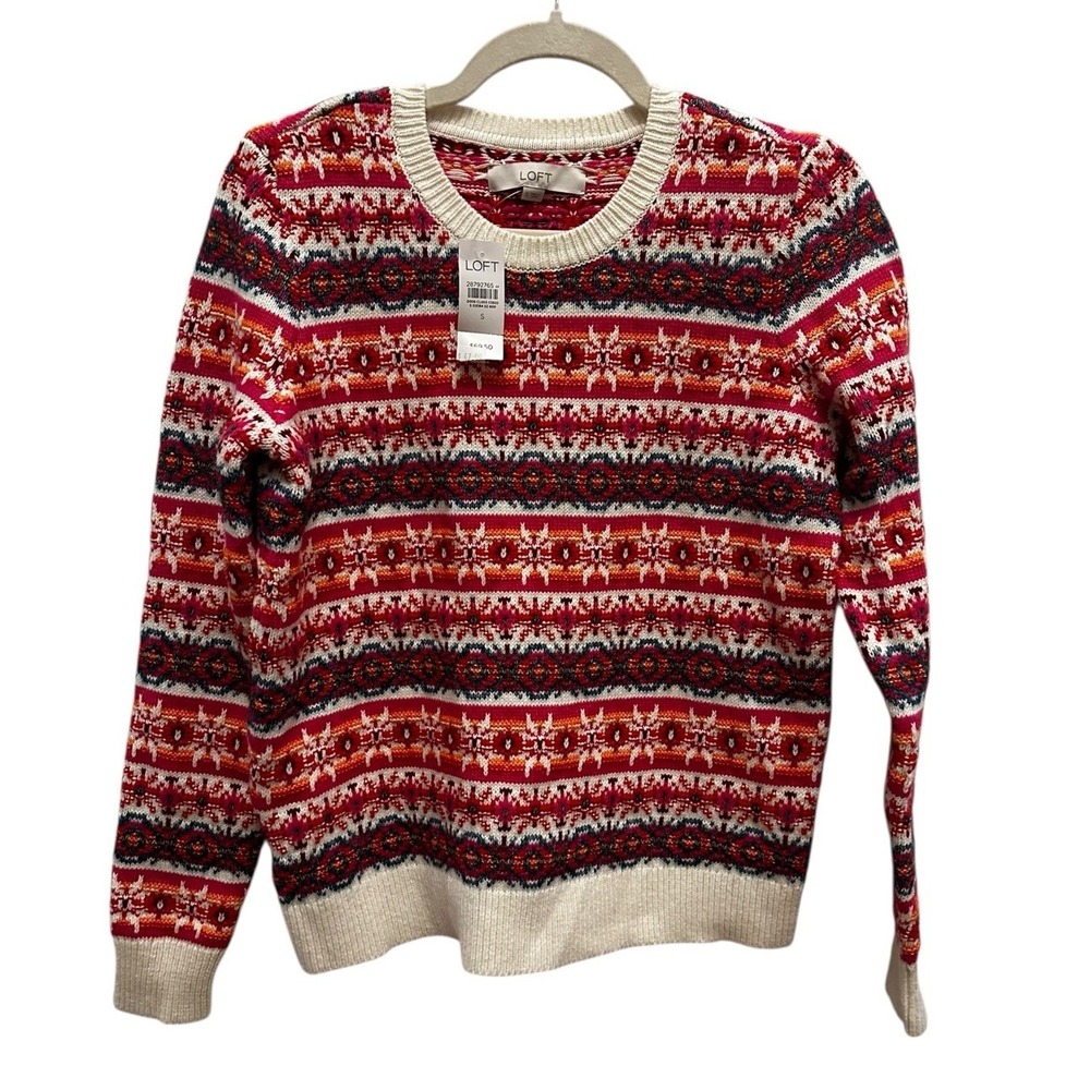 Ann Taylor Loft Fair Isle Sweater‎ NWT Sz Small Red Pink Soft Cotton Wool Blend